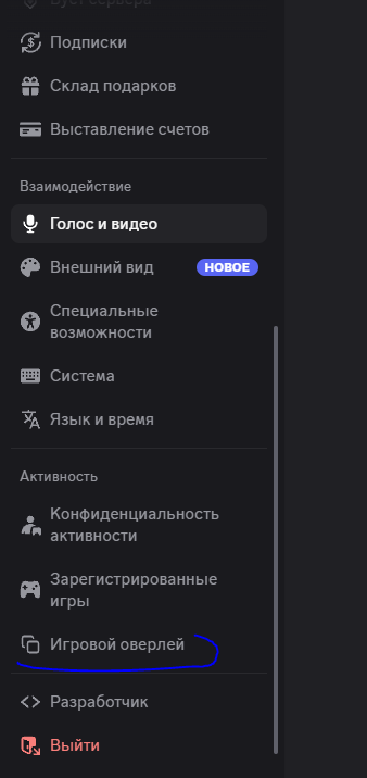 Раздел игрового оверлея Discord