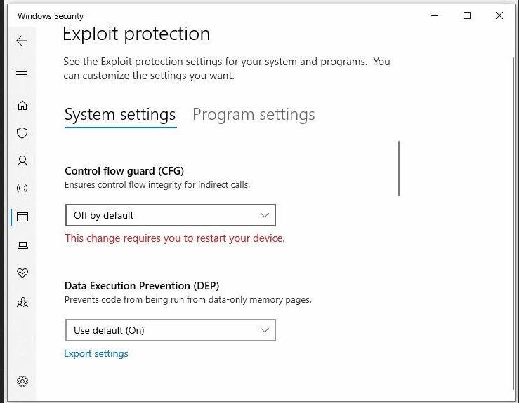 Окно системных параметров защиты от эксплойтов Windows